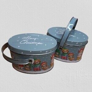 Pair VTG RAZ Imports Merry Christmas Mini Anthropomorphic Bear Tins w/ Handle